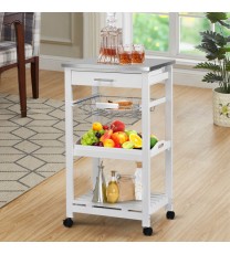 Kitchen Island Cart with Stainless Steel Tabletop and Basket-White