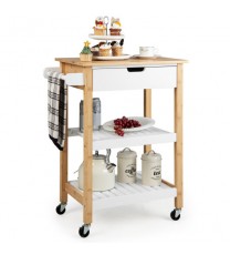 3-Tier Kitchen Island Cart Rolling Service Trolley with Bamboo Top-White