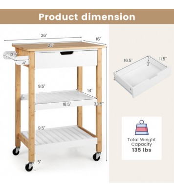 3-Tier Kitchen Island Cart Rolling Service Trolley with Bamboo Top-White