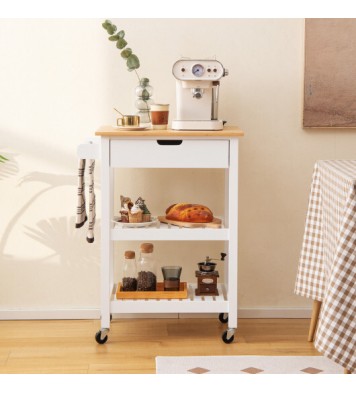 3-Tier Kitchen Island Cart Rolling Service Trolley with Bamboo Top-White