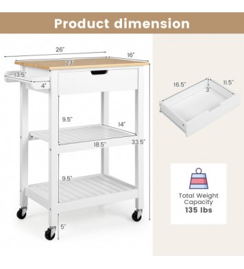 3-Tier Kitchen Island Cart Rolling Service Trolley with Bamboo Top-White