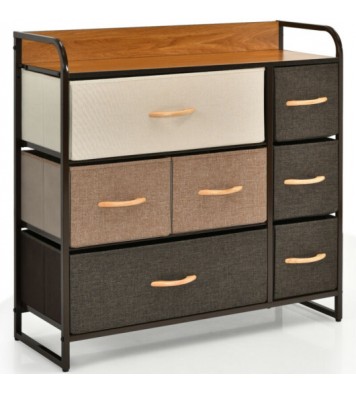 7 Drawer Tower Steel Frame and Wooden Top Dresser Storage Chest for Bedroom