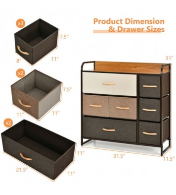 7 Drawer Tower Steel Frame and Wooden Top Dresser Storage Chest for Bedroom