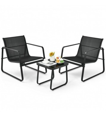 3 Pieces Patio Bistro Furniture Set with Glass Top Table Garden Deck-Black