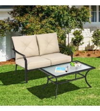 2 Pieces Patio Outdoor Cushioned  Sofa Bench with Coffee Table-Beige