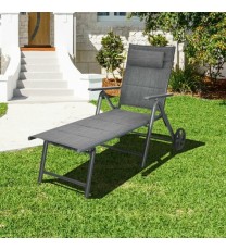 Patio Reclining Chaise Lounge with Adjust Neck Pillow-Gray