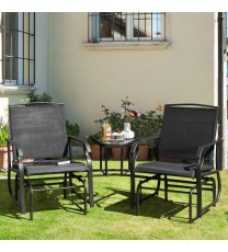 Double Swing Glider Rocker Chair set with Glass Table-Black