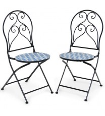 2 Pieces Patio Folding Mosaic Bistro Chairs with Blue Floral Pattern