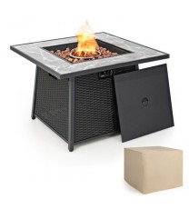 35 Inch Propane Gas Fire Pit Table Wicker Rattan with Lava Rocks PVC Cover-Black