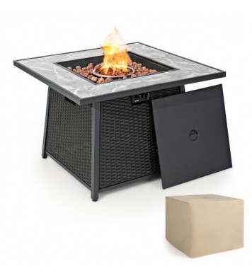 35 Inch Propane Gas Fire Pit Table Wicker Rattan with Lava Rocks PVC Cover-Black