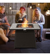 35 Inch Propane Gas Fire Pit Table Wicker Rattan with Lava Rocks PVC Cover-Black