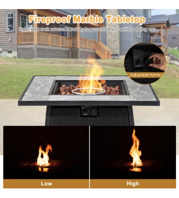 35 Inch Propane Gas Fire Pit Table Wicker Rattan with Lava Rocks PVC Cover-Black