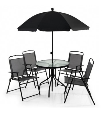 6 Pieces Patio Dining Set Folding Chairs Glass Table Tilt Umbrella for Garden-Gray