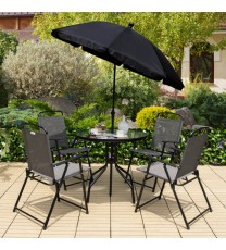 6 Pieces Patio Dining Set Folding Chairs Glass Table Tilt Umbrella for Garden-Gray