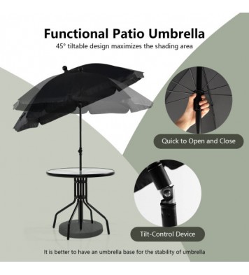 6 Pieces Patio Dining Set Folding Chairs Glass Table Tilt Umbrella for Garden-Gray