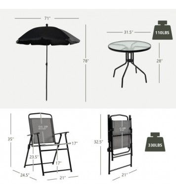 6 Pieces Patio Dining Set Folding Chairs Glass Table Tilt Umbrella for Garden-Gray