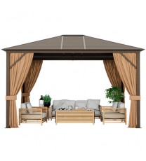 12 x10 Feet Outdoor Hardtop Gazebo with Galvanized Steel Top and Netting-Brown