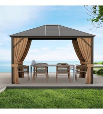 12 x10 Feet Outdoor Hardtop Gazebo with Galvanized Steel Top and Netting-Brown