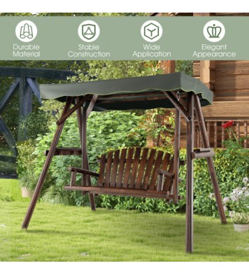 2-Person Outdoor Wooden Porch Swing with an Adjustable Canopy