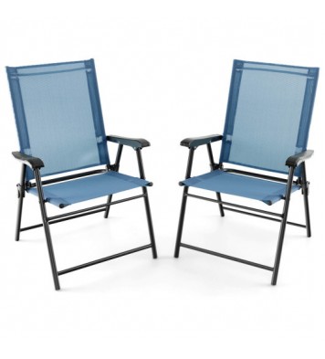 2 Set of Patio Dining Chair with Armrests and Metal Frame-Blue