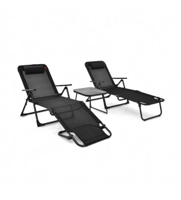 3 Pieces Patio Folding Chaise Lounge Set with PVC Tabletop-Black