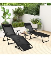 3 Pieces Patio Folding Chaise Lounge Set with PVC Tabletop-Black