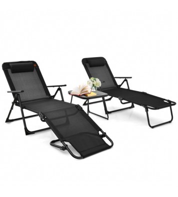 3 Pieces Patio Folding Chaise Lounge Set with PVC Tabletop-Black