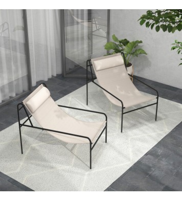 Patio Sling Lounge Chair with Removable Headrest Pillow and Metal Frame-Beige