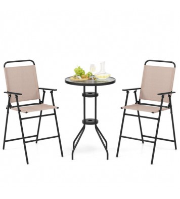 3 Pieces Outdoor Bistro Set with 2 Folding Chairs-Beige