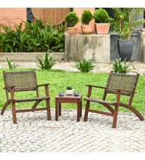 3 Pieces Outdoor Wooden Patio Rattan Furniture Set