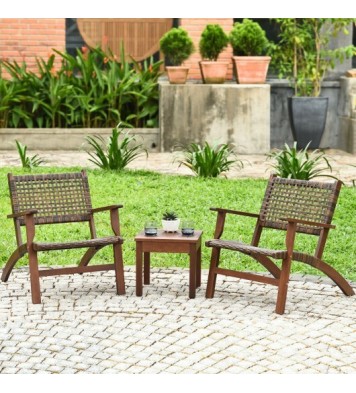 3 Pieces Outdoor Wooden Patio Rattan Furniture Set