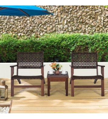 3 Pieces Outdoor Wooden Patio Rattan Furniture Set