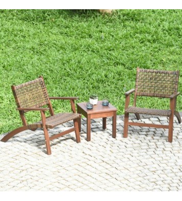 3 Pieces Outdoor Wooden Patio Rattan Furniture Set