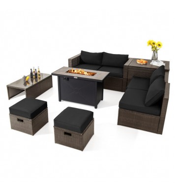 9 Pieces Outdoor Patio Furniture Set with 42 Inch Propane Fire Pit Table-Black