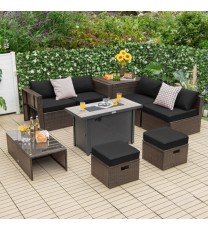 9 Pieces Outdoor Patio Furniture Set with 42 Inch Propane Fire Pit Table-Black