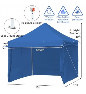 10 x 10 Feet Pop-up Gazebo with 5 Removable Zippered Sidewalls and Extended Awning-Blue