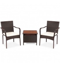 3 Pieces Patio Rattan Furniture Bistro Set with Wood Side Table and Stackable Chair