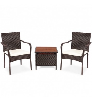 3 Pieces Patio Rattan Furniture Bistro Set with Wood Side Table and Stackable Chair