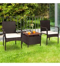 3 Pieces Patio Rattan Furniture Bistro Set with Wood Side Table and Stackable Chair