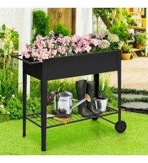 Raised Garden Bed Elevated Planter Box on Wheels Steel Planter with Shelf-Black