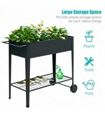 Raised Garden Bed Elevated Planter Box on Wheels Steel Planter with Shelf-Black