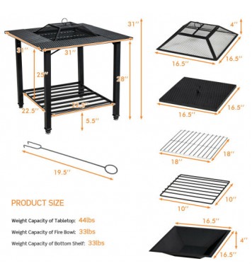 31 Inch Outdoor Fire Pit Dining Table with Cooking BBQ Grate