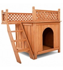 Wooden Dog House with Stairs and Raised Balcony for Puppy and Cat