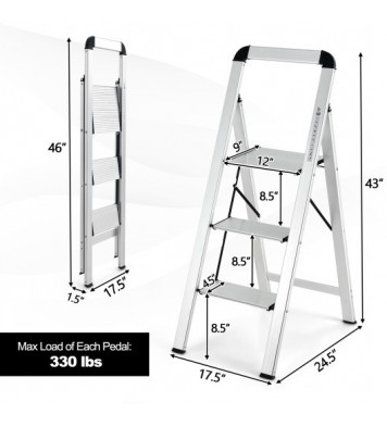 3-Step Ladder Aluminum Folding Step Stool with Non-Slip Pedal and Footpads-Sliver