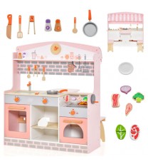 Double-Sided Kids Play Kitchen Set with Canopy and 2 Seats