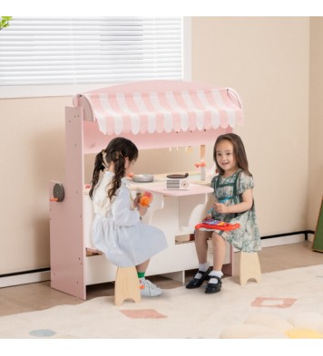 Double-Sided Kids Play Kitchen Set with Canopy and 2 Seats