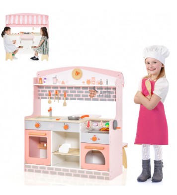 Double-Sided Kids Play Kitchen Set with Canopy and 2 Seats