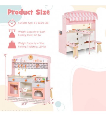 Double-Sided Kids Play Kitchen Set with Canopy and 2 Seats