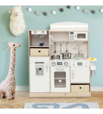 Kids Kitchen Playset with Adjustable LED Lights Removable Fabric Bins-White