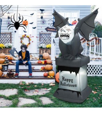 8.2 Feet Halloween Inflatable Gravestone with Gargoyle Yard Decoration and LED Lights